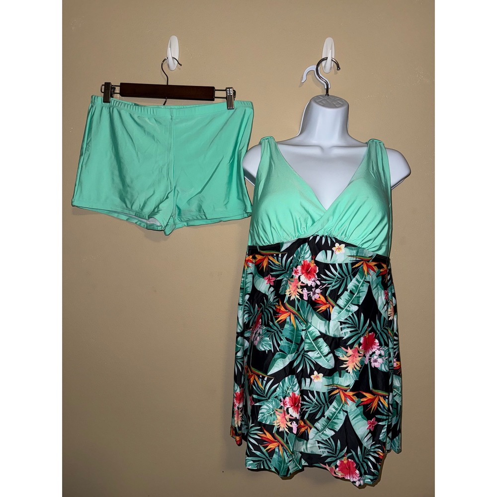 New Esprlia Women XXL Mint Green Tropical Floral Swimdress Set Boy Shorts Beach